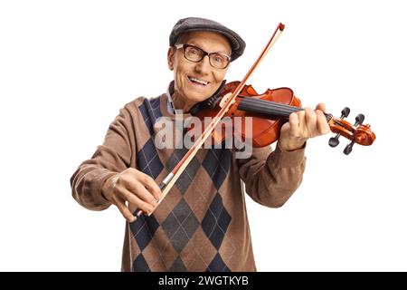 Happy senior man playing a violin and smiling isolated on white background Stock Photo