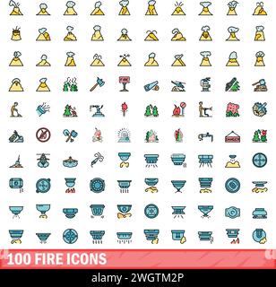 100 fire icons set. Color line set of fire vector icons thin line color flat on white Stock Vector