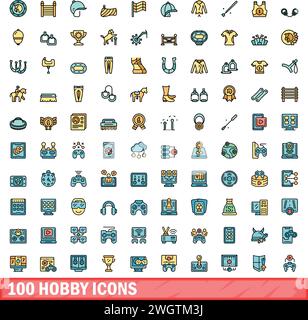 100 hobby icons set. Color line set of hobby vector icons thin line color flat on white Stock Vector