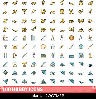 100 hobby icons set. Color line set of hobby vector icons thin line color flat on white Stock Vector