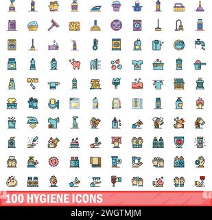 100 hygiene icons set. Color line set of hygiene vector icons thin line color flat on white Stock Vector