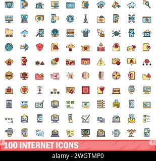 100 internet icons set. Color line set of internet vector icons thin line color flat on white Stock Vector