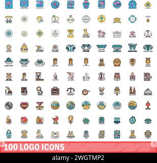 100 logo icons set. Color line set of logo vector icons thin line color flat on white Stock Vector