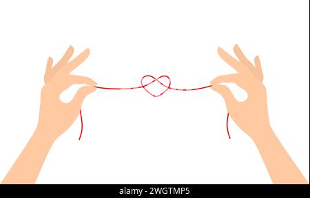 Two hands holding a red thread tied into a knot in the shape of a heart, isolated on a white background. Flat vector illustration Stock Vector