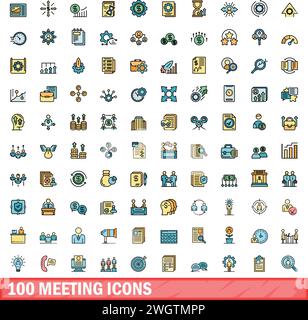 100 meeting icons set. Color line set of meeting vector icons thin line color flat on white Stock Vector