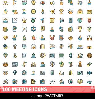 100 meeting icons set. Color line set of meeting vector icons thin line color flat on white Stock Vector