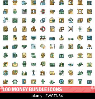 100 money bundle icons set. Color line set of money bundle vector icons thin line color flat on white Stock Vector