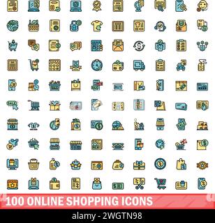 100 online shopping icons set. Color line set of online shopping vector icons thin line color flat on white Stock Vector