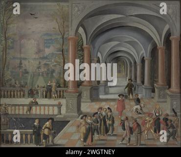 Festive Gathering and Figures from a Commedia dell'Arte in a Gallery, Monogrammist DB (schilder), 1634 painting Perspective cabinet with a presentation of a party celebration and figures from the Commedia dell'arte in a gallery. A few elegant couples look at the group of comedians. On the left a pond with a fountain, a garden in the background.  glass. paper. paper. panel. oil paint (paint). amalgam Stock Photo