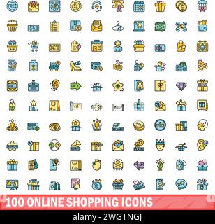 100 online shopping icons set. Color line set of online shopping vector icons thin line color flat on white Stock Vector
