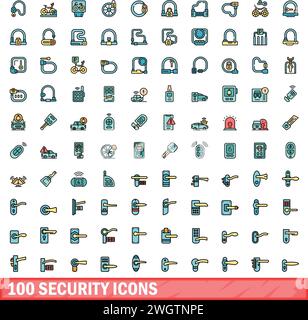 100 security icons set. Color line set of security vector icons thin line color flat on white Stock Vector
