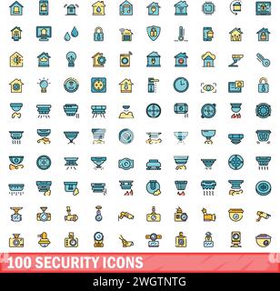 100 security icons set. Color line set of security vector icons thin line color flat on white Stock Vector