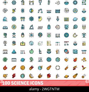 100 science icons set. Color line set of science vector icons thin line color flat on white Stock Vector