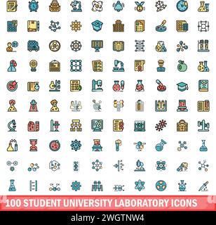 100 student university laboratory icons set. Color line set of student university laboratory vector icons thin line color flat on white Stock Vector