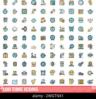 100 time icons set. Color line set of time vector icons thin line color flat on white Stock Vector