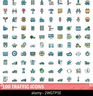 100 traffic icons set. Color line set of traffic vector icons thin line color flat on white Stock Vector