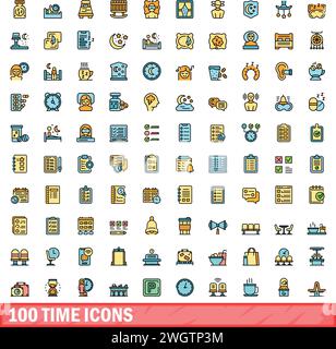 100 time icons set. Color line set of time vector icons thin line color flat on white Stock Vector