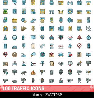 100 traffic icons set. Color line set of traffic vector icons thin line color flat on white Stock Vector