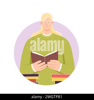 Teacher reading a book. Teaching people knowledge, school education professor cartoon vector illustration Stock Vector