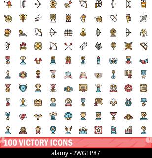 100 victory icons set. Color line set of victory vector icons thin line color flat on white Stock Vector