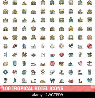 100 tropical hotel icons set. Color line set of tropical hotel vector icons thin line color flat on white Stock Vector