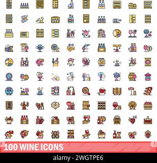 100 wine icons set. Color line set of wine vector icons thin line color flat on white Stock Vector