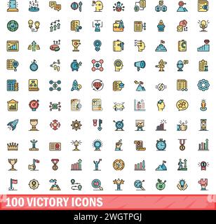 100 victory icons set. Color line set of victory vector icons thin line color flat on white Stock Vector