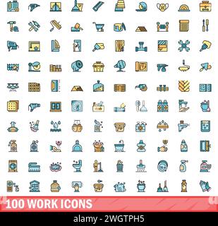 100 work icons set. Color line set of work vector icons thin line color flat on white Stock Vector