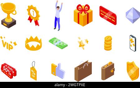 Exclusive benefits icons set isometric vector. Reward loyalty gift. Member special Stock Vector