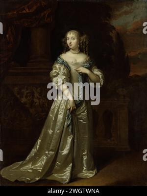 Portrait of Philippina Staunton, Wife or Roelof van Arkel (1632-1709), Lord of Broeckhuijsen, Caspar Netscher, 1668 painting Portrait of Lady Philippina Staunton (died 1723), wife of Roelof van Arkel (1632-1709), lord of Broeckhuijsen. Standing in front of a balustrade overlooking a garden. On the left a relief with putti and other figures.  canvas. oil paint (paint)  historical persons - BB - woman Stock Photo