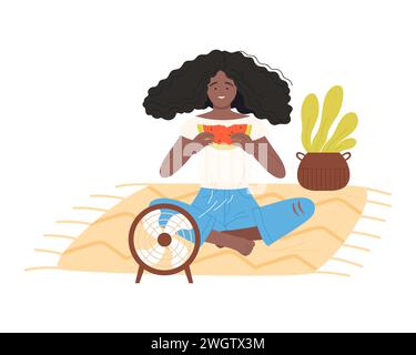 Girl eating watermelon in front of fan. Cooling electric device, wind blower cartoon vector illustration Stock Vector