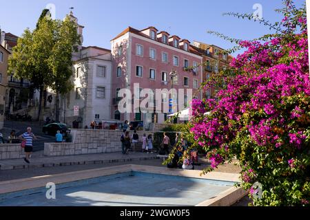 Lisbon, Portugal - 18.09.2023: View to Alfama neighborhood (Bairro de Alfama) from the Santa Luzia viewpoint (Miradouro de Santa Luzia) in the City of Stock Photo