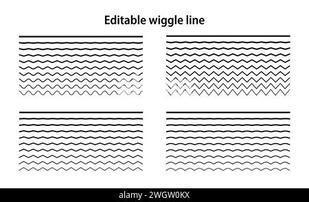 Editable wiggle lines. Set of wavy curves and zigzag intersecting horizontal strokes. Transition from a straight line to a wavy one. Geometric design Stock Vector