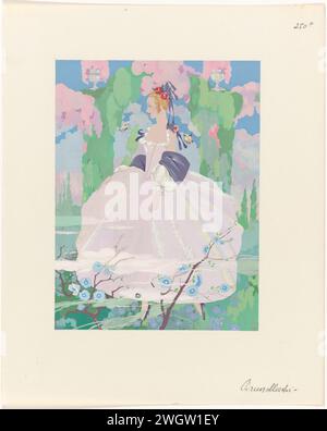 La Guirlande, album Mensuel d'Art et de la Litterature, 1919-1920: Woman in Pink Dress in Garden, 1919 - 1920 drawing A woman walks in a garden with butterflies. She wears a pink dress with a square neck and wide skirt. The design drawing was probably made for the magazine La Guirlande, album Mensuel d'Art et de la Litterature (1919-1920).  paper. pencil. watercolor (paint)  fashion plates. dress, gown (+ women's clothes). garden. insects: butterfly. flowers Stock Photo