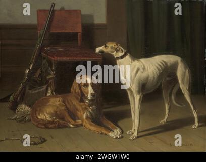 Hunting Companions, Conradijn Cunaeus, 1860 painting Hunting companions: two hunting dogs at a chair against which a shotgun and Weitas stand.  panel. oil paint (paint)  hunting dogs. dog Stock Photo