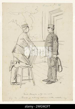 Two soldiers, in or before 1898 drawing Two soldiers face each other at a door. One leans with his right knee on a chair and has a script in hand. Verso A print of a drawing of two standing men.  cardboard. India ink (ink). pencil pen the soldier; the soldier's life. notebook Stock Photo