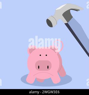 Hammer breaking into Piggy Bank, Dip into or take Savings concept Stock Vector