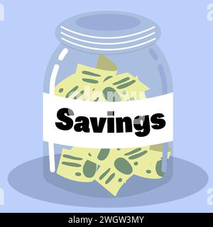 Savings jar with money notes inside, Savings concept Stock Vector