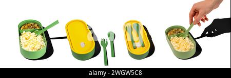 Hand holding fork, eating curds and honey from lunch box. Stock Photo