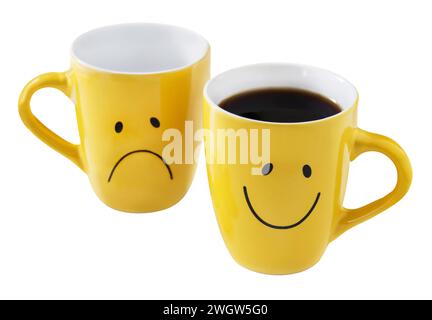Two yellow cups and coffee isolated on white  background Stock Photo