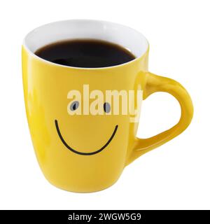 1 Yellow cup of coffee and smile isolated on white background Stock Photo