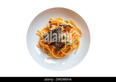 Mentaiko spaghetti with white background. Stock Photo