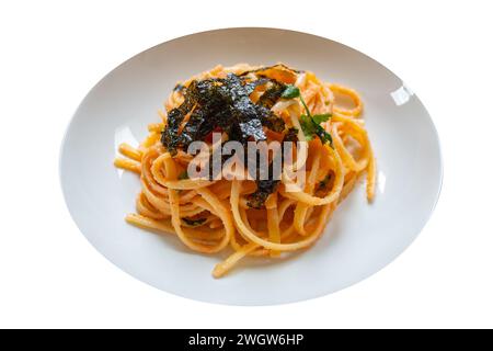 Mentaiko spaghetti with white background. Stock Photo