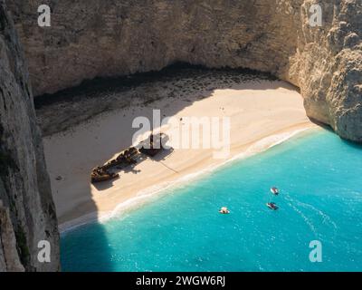 Aerial drone view of Navagio beach on Zakynthos island, Greece. Shipwreck on the beach in Zakynthos island, Greece. Shipwreck Beach or Agios Georgios. Stock Photo