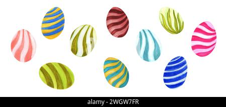 Easter Eggs. Set of colorful striped eggs. Watercolor illustration. Elements for eastern decoration Stock Photo
