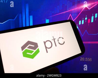 Konskie, Poland - February 05, 2024: PTC company logo displayed on mobile phone Stock Photo