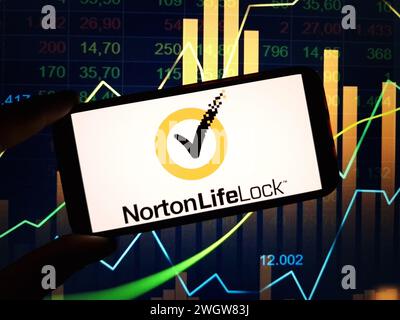 Konskie, Poland - February 05, 2024: NortonLifeLock company logo displayed on mobile phone Stock Photo