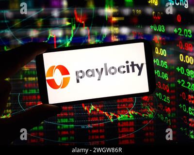 Konskie, Poland - February 05, 2024: Paylocity company logo displayed on mobile phone Stock Photo