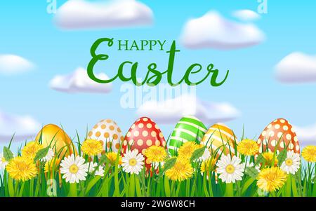 Easter eggs colored, green grass daisy and dandelion Stock Vector