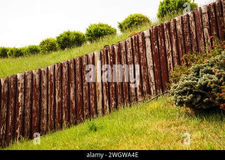 backdrop of backyard with old black wooden fence and green grass Stock ...